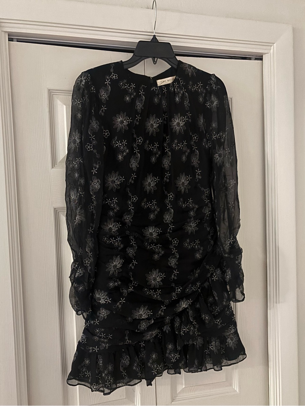 STEVIE MAY Black Long Sleeve Silver Floral Ruffle Ruched Mini Dress - Picture 4 of 15